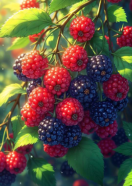 Fresh Raspberries and Blackberries on Branch