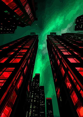 Cityscape with Aurora Borealis