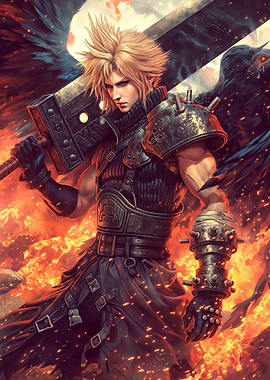 Cloud Strife in Fiery Battle