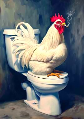 Smoking Rooster on Toilet
