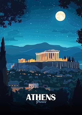 Athens Greece Night Travel Poster