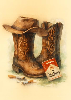 Cowboy Boots, Hat, and Cigarettes Watercolor