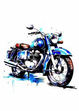 Blue Motorcycle Watercolor Illustration