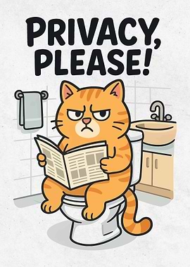 Privacy, Please! Cartoon Cat on Toilet