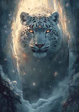 Snow Leopard Portrait in Winter Cave