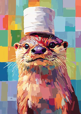 Otter with Hat Colorful Digital Art