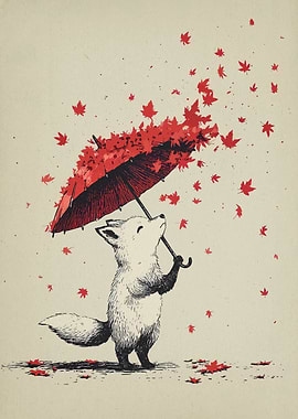 Fox with Maple Leaf Umbrella