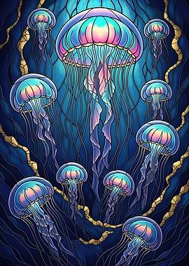 Jellyfish in Deep Sea Stained Glass
