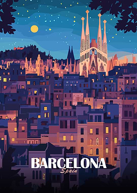 Barcelona Spain Cityscape at Night