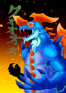 Blue Dragon Monster Roaring in the Rain