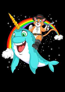 Cartoon Cowboy Cat Riding Narwhal