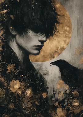 Man and Raven in Golden Moonlight