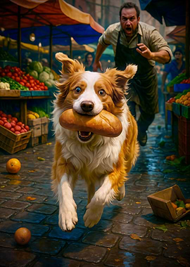 Dog steals bread at the market