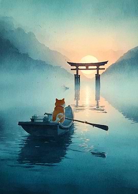 Shiba Inu in Boat at Sunrise