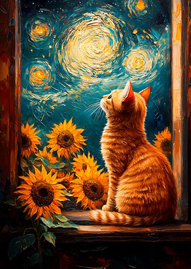 Cat gazing at starry night painting