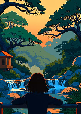 Woman Gazing at Waterfall Landscape
