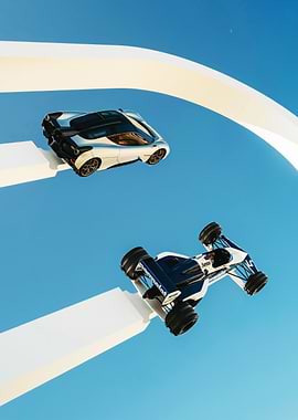 Two Cars on White Track in Sky