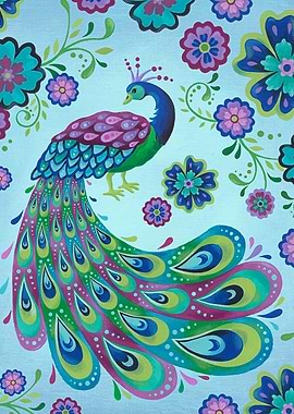 Colorful Peacock and Floral Pattern Painting