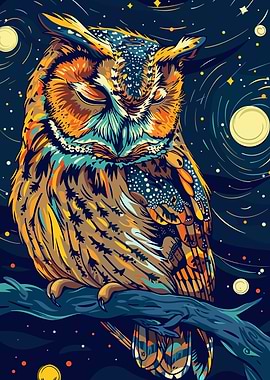 Colorful Owl in Night Sky