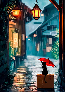 Cat with Umbrella in Rainy Alley