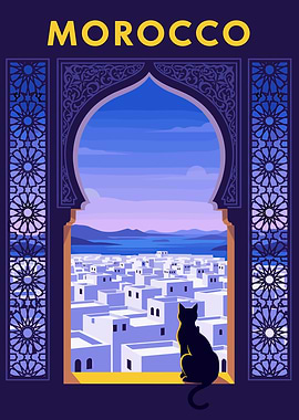 Morocco Travel Poster with Cat