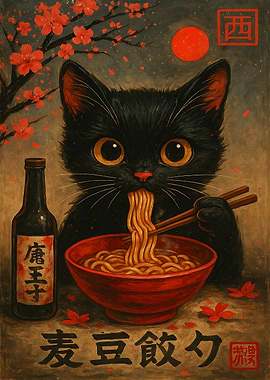 Black Cat Eating Ramen Illustration