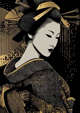 Geisha Portrait in Gold and Black