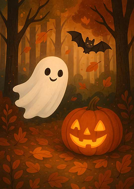 Cute Halloween Scene with Ghost and Pumpkin