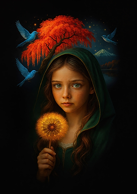 Girl with Dandelion and Bluebirds