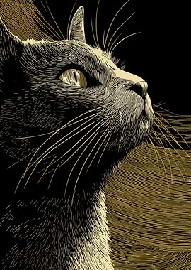 Elegant Cat Portrait in Gold and Black