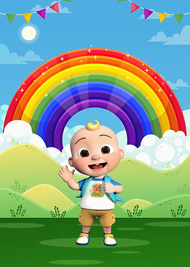 Cartoon Boy with Rainbow Background