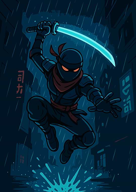 Cyber Ninja in the Rain – Futuristic Samurai Warrior Art