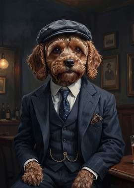 Cavapoo Dog in Suit and Peaky Blinders Cap