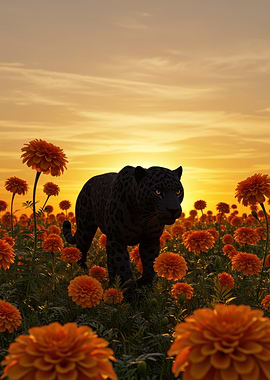 Black Panther in a Flower Field