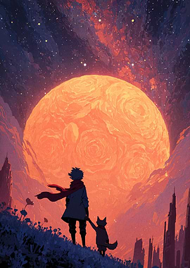 Boy and Fox Under Giant Moon
