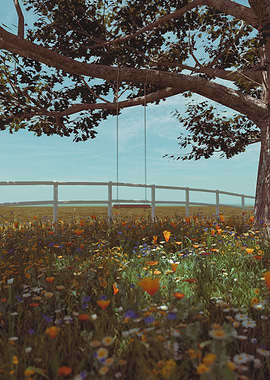 Tree Swing in a Wildflower Meadow