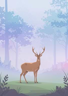 Deer in Misty Forest Illustration