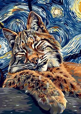 Bobcat in Starry Night Style