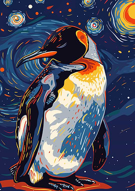 Penguin in Starry Night Style