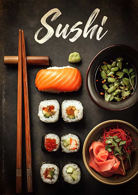 Sushi Assortment with Chopsticks and Condiments