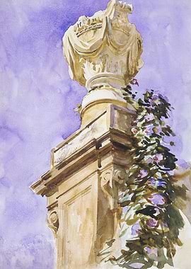 Watercolor Painting of Stone Column with Flowers