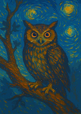 Owl in Starry Night Painting