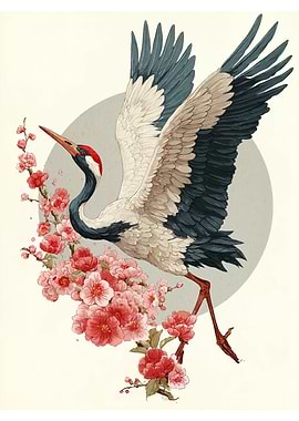 Crane and Cherry Blossoms Illustration