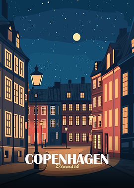 Copenhagen Denmark Night Cityscape Illustration