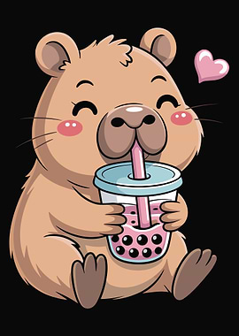 Cute Capybara Drinking Bubble Tea Cartoon
