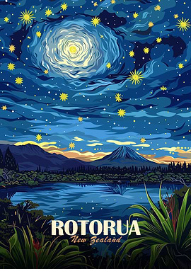 Rotorua New Zealand Night Landscape Art