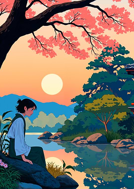 Japanese Landscape with Woman by Lake