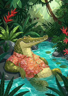 Cartoon Crocodile in River with Shirt
