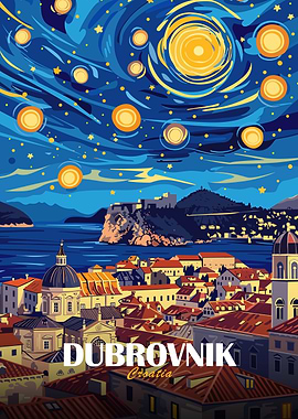 Dubrovnik Croatia Starry Night Art