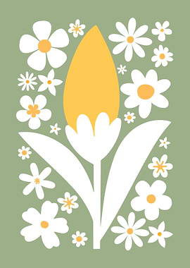Retro Floral Illustration on Green Background